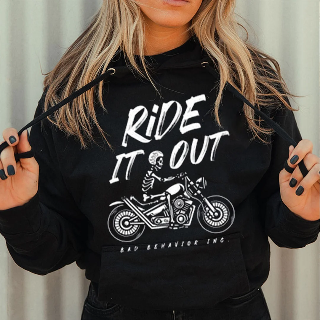 RIDE IT OUT Skull Riding Motorcycle  Casual Black Print Hoodie