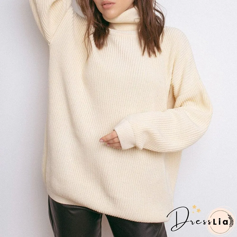 Womens Oversized Sweater Black Turtleneck Long Sleeve Autumn Winter Loose Jumper Beige