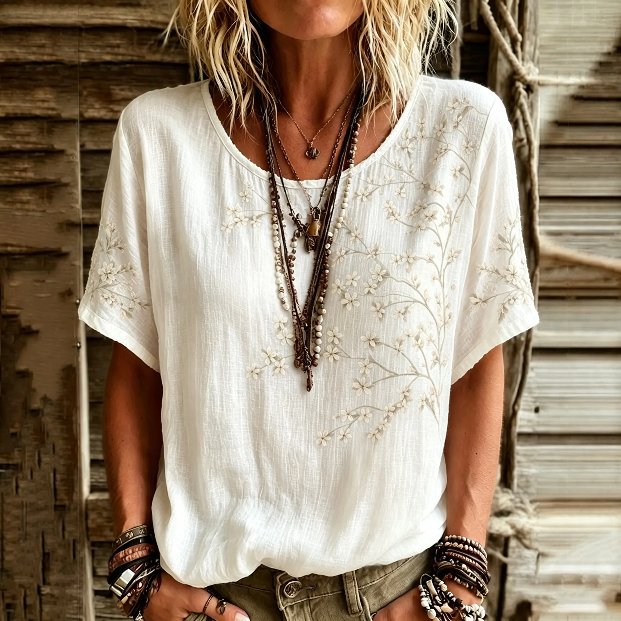 Women's Vintage Floral Art Linen Blend T-shirt artswardrobe