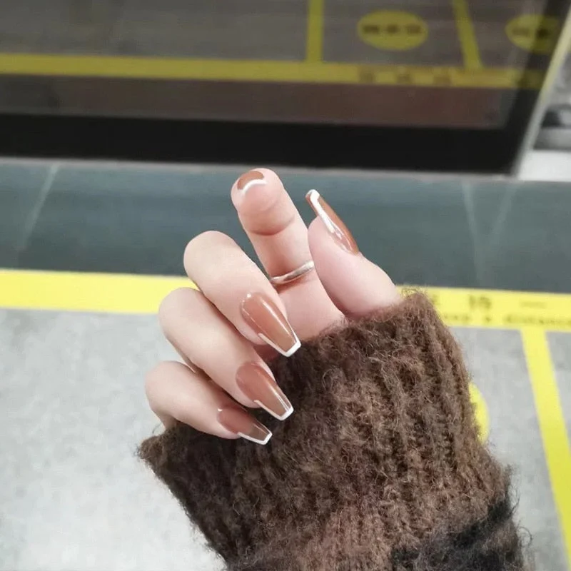 24PCS/box Gradient Color Ballet Med-Length Fake Nails press on full cover Wearing Wearable acrylic nail tips with glue for girls-Nail Inspo