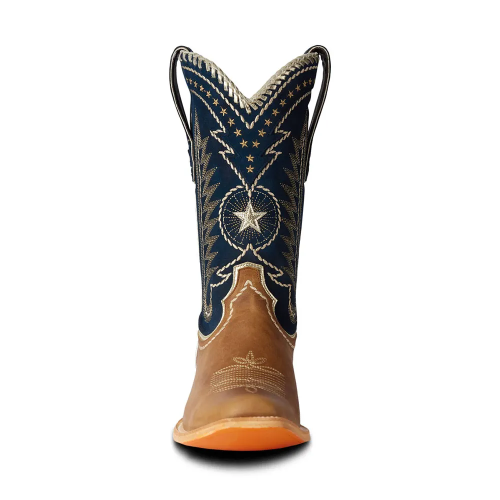 Brown & Navy Square Toe Stars Embroidered Cowgirl Mid-Calf Boots
