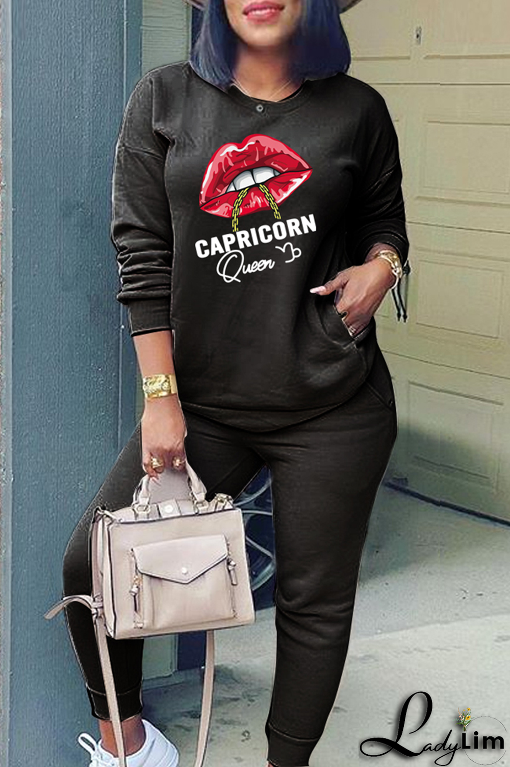 Yellow Fashion Lips Printed Patchwork O Neck Long Sleeve Two Pieces