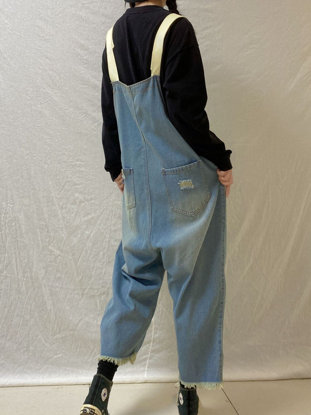 Women's Hole Casual Retro Cropped Workwear Denim Overalls Jumpsuit