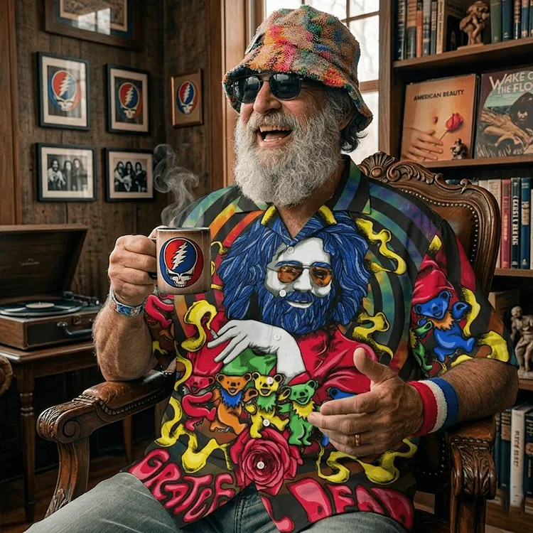 Vintage Grateful Dead Skull & Bear &Terrapin Graphic Cuban Collar Short Sleeve Shirt &ndash; Unisex Retro Cotton Top