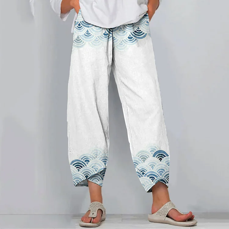 Japanese Waves Art Print Loose Casual Pants