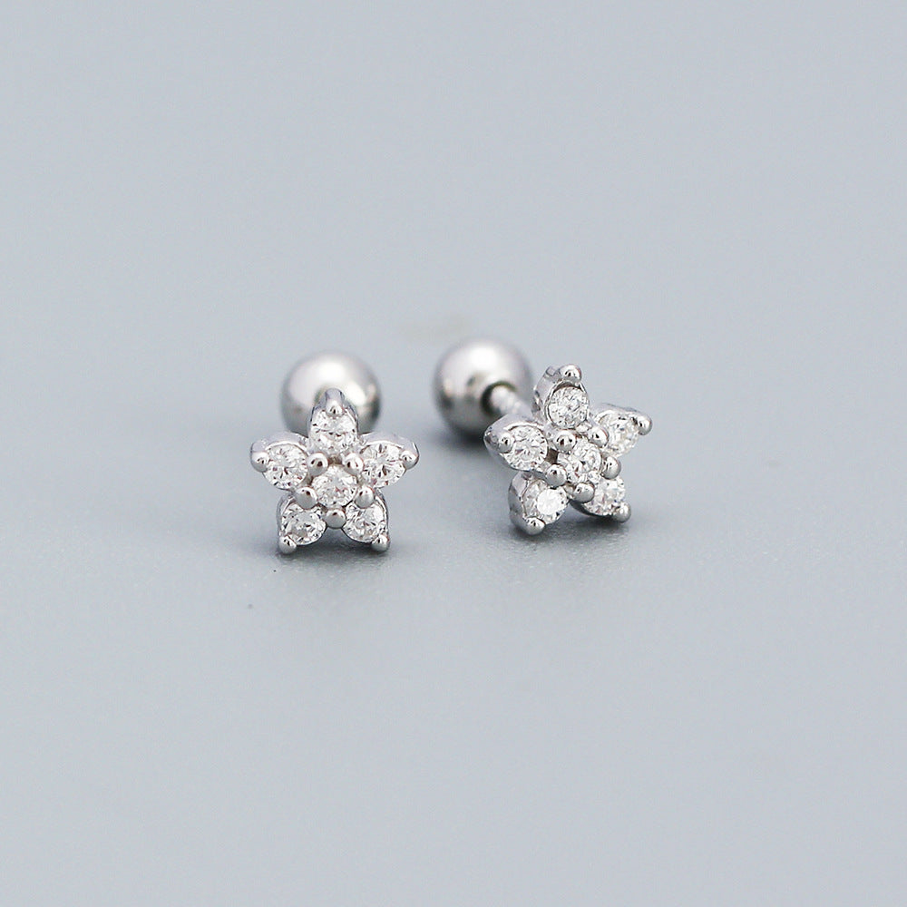 925 Sterling Silver Moderate Luxury Flower Silver Diamond Inlay Stud Earrings