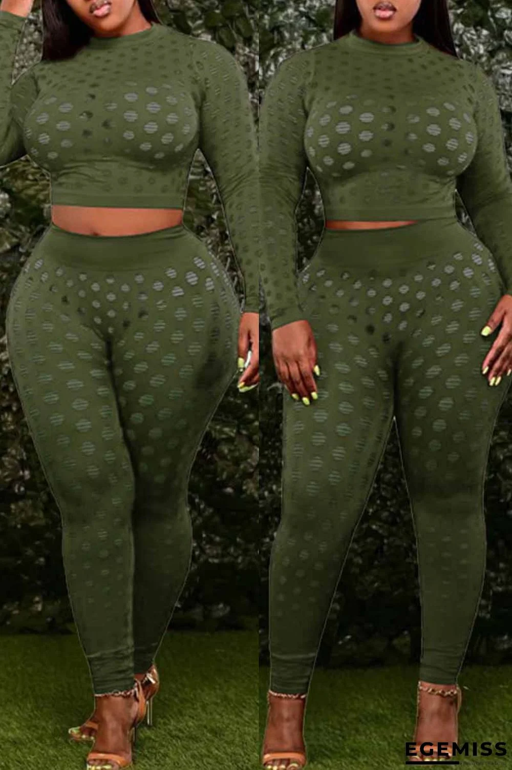 Army Green Fashion Sexy Solid Hollowed Out See-through O Neck Plus Size Two Pieces | EGEMISS