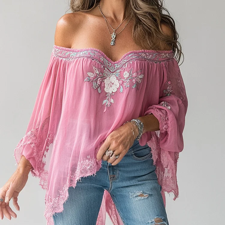 Ursime Floral Pattern Off Shoulder Long Sleeve Lace Asymmetrical Blouse