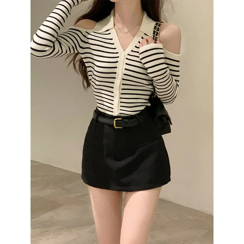 Peneran Casual Knitted Sweater Women Sexy Slim Y2k Crop Tops Female 2023 Autumn Striped Cardigan Korean Fashion Clothing Chic Blouse