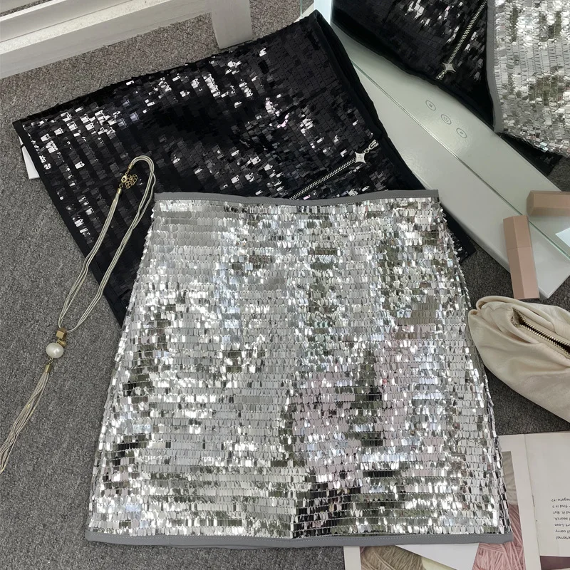 Uveng Real Shooting Heavy Industry Flash Shiny Piece High Waist Thin A Short Skirt Picts Anti-Walking Bag Hip Step Skirt 8108