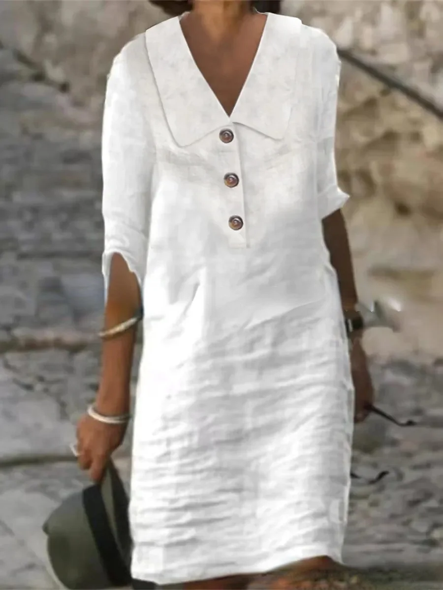 Solid Color Lapel Mid Sleeved Cotton Linen Casual Dress