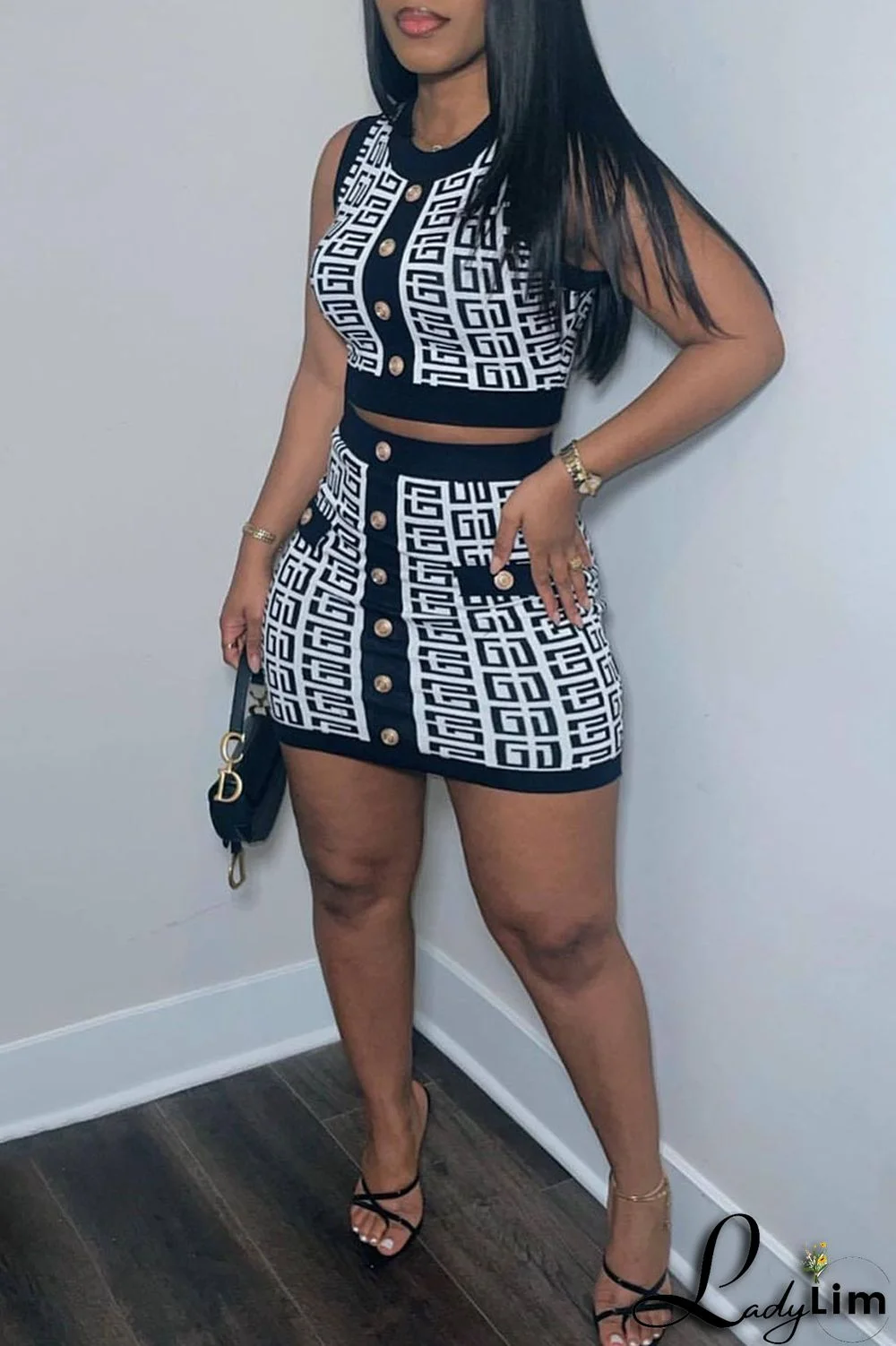 Black Sexy Print Patchwork Buttons O Neck Sleeveless Two Pieces