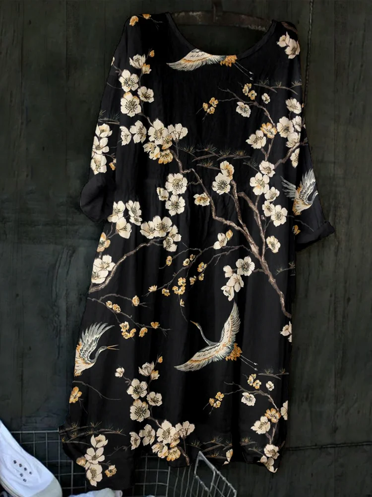 Comstylish Japanese Cranes & Cherry Blossom Art Linen Blend Maxi Dress