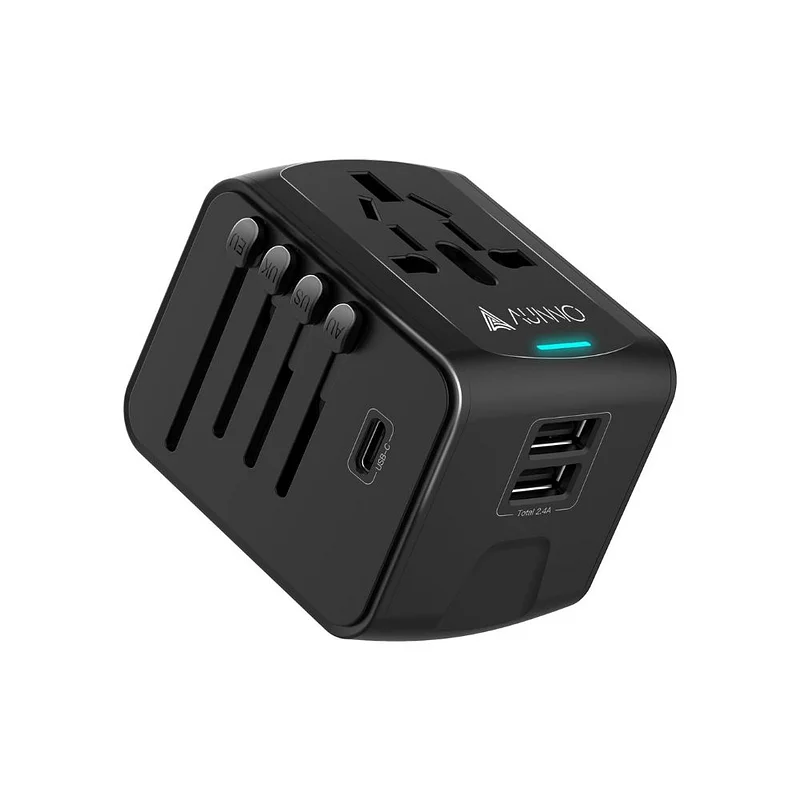 NOVOO 5-in-1 International Travel Power Adapter – 2 USB C + 2 USB A + Universal AC Outlet, Covers USA/UK/EU/AU, 880W/2500W, With Fuse Protection