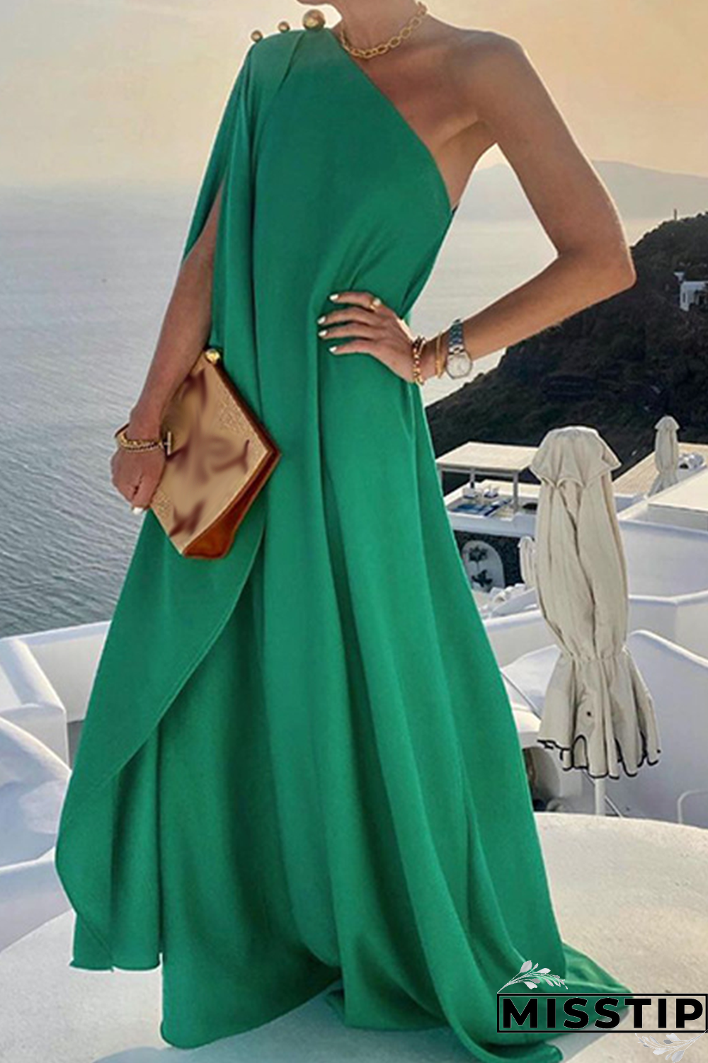 Green Casual Solid Patchwork One Shoulder Straight Dresses