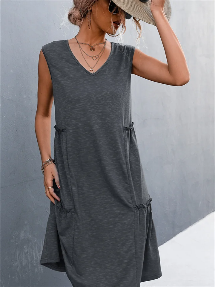 Spring and Summer New Hot Explosive Models Solid Color V-neck Wooden Ear Edge Sleeveless Undershirt Knitted Loose Waist Dress Short Dress-Cosfine