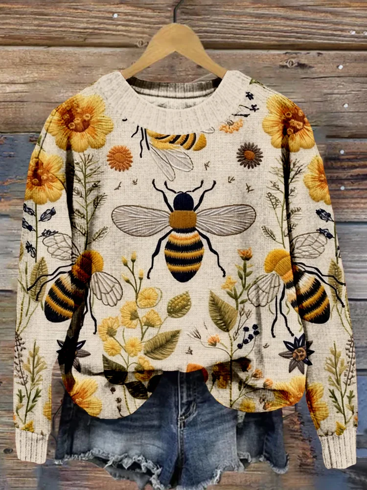 VChics Floral Bees Embroidery Art Cozy Knit Sweater