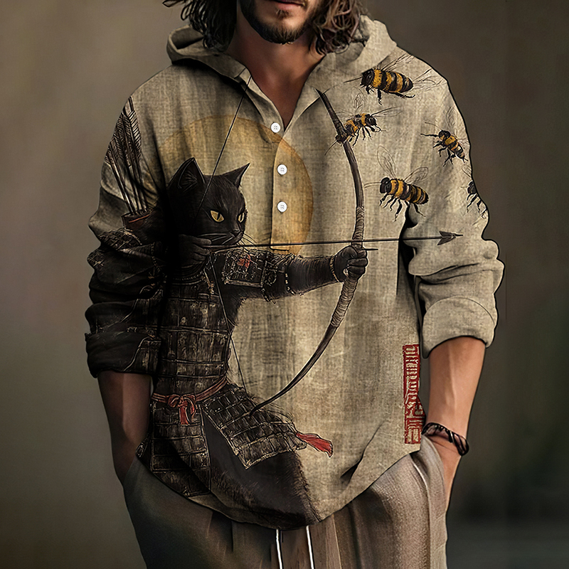 Men's Black Cat Tribal Warrior Japanese Kyudo Hooded Shirt  artssus