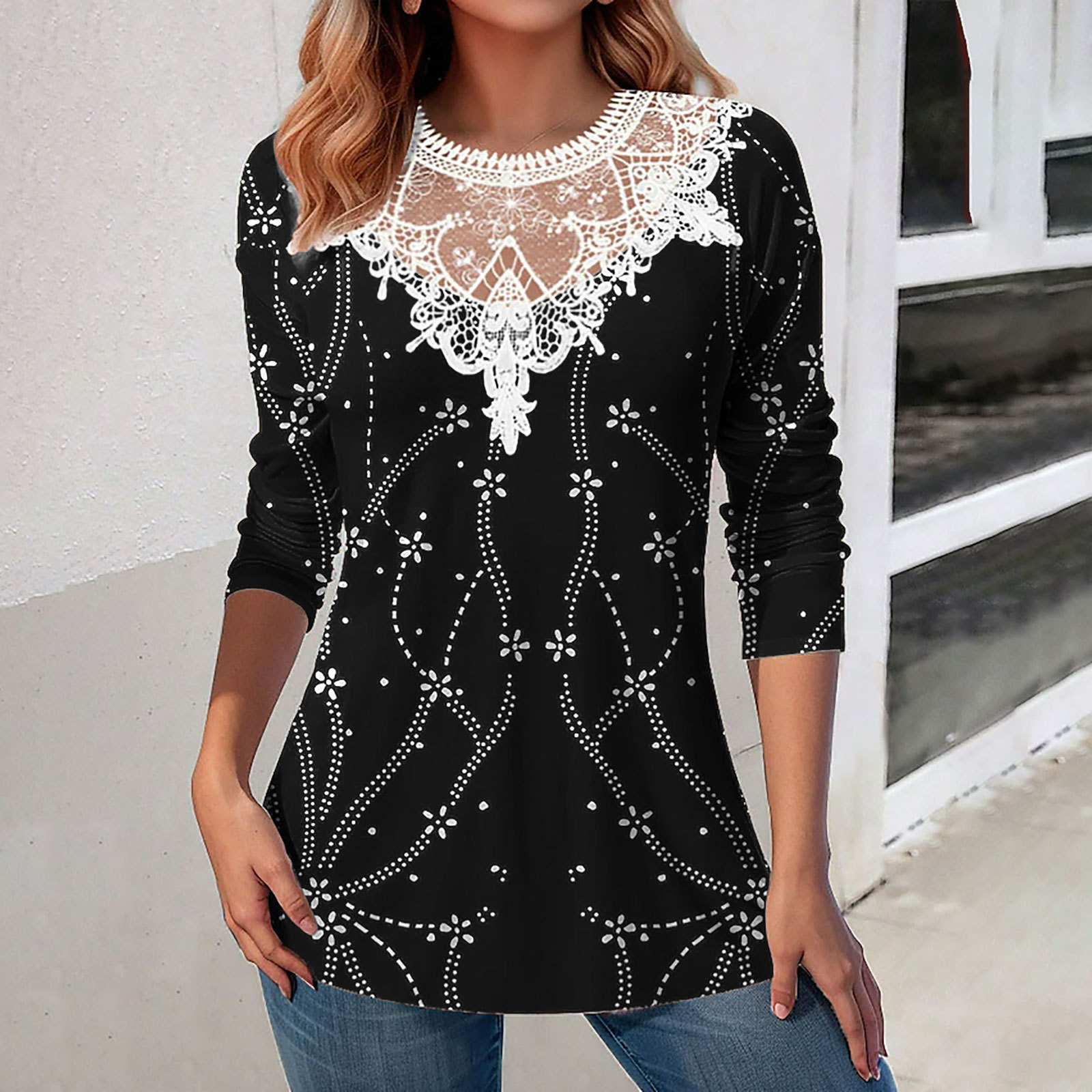 Mature Ladies Casual Printing Loose Tunic Top