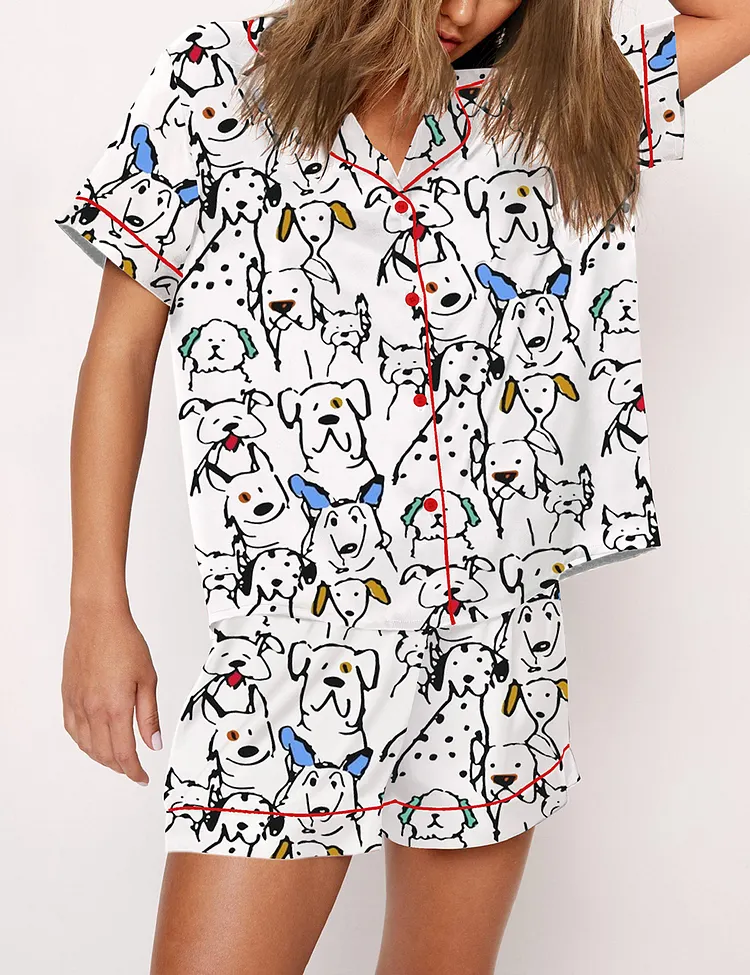 Women&rsquo;s Color Pop Doodle Dogs Cute Dogs Print Short Sleeve Satin Pajama Set