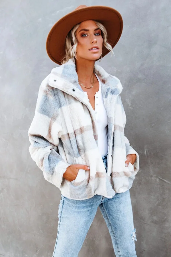 Fashion Casual Plaid Fur Coat