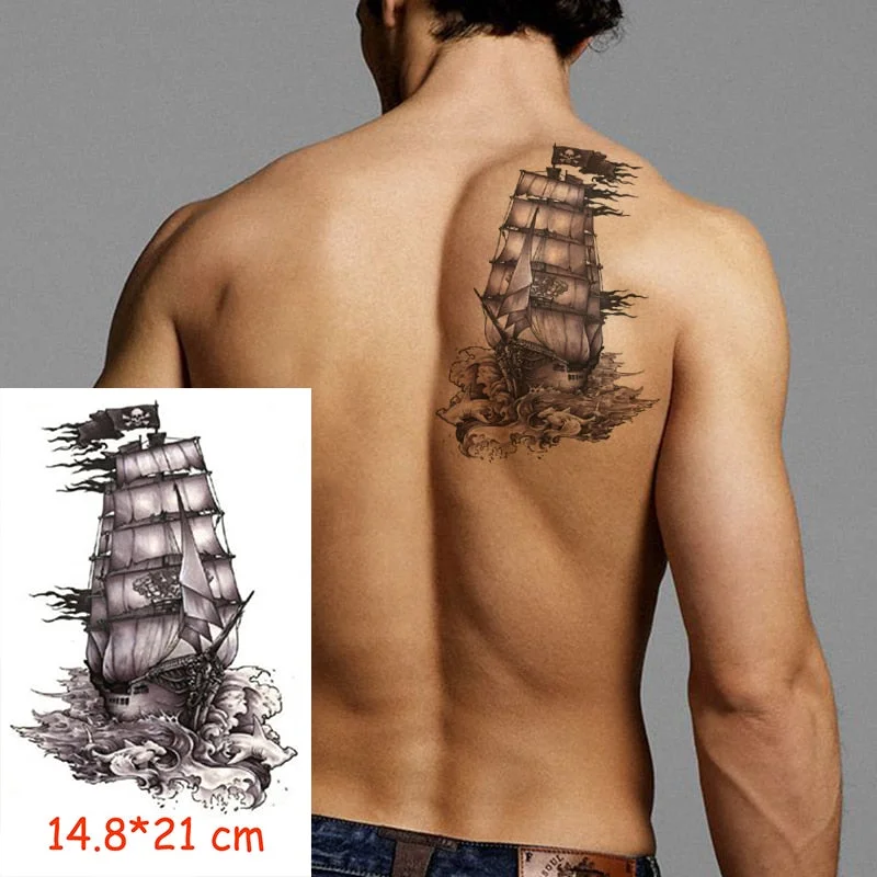 Waterproof Temporary Tattoo Sticker Pirate Ship Skull Flag Tatoo Water Transfer Fake Tatoo Flash Tatto Woman Man Kid 14.8*21 Cm