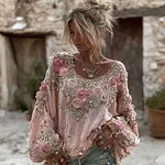 Women's Vintage Pink Rose Embroidery Art Round Neck Long Sleeve Linen Blend T-shirt - Image 3