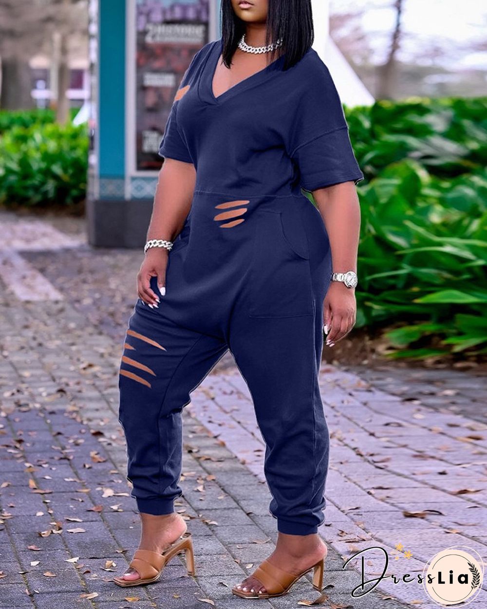 Pocket Design Cutout Short Sleeve Jumpsuit