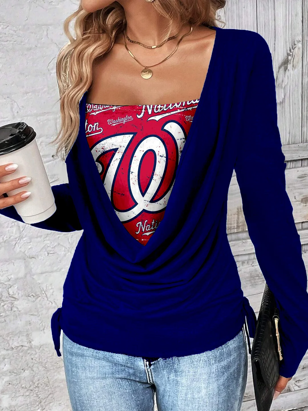 Contrast draped side drawstring T-shirt