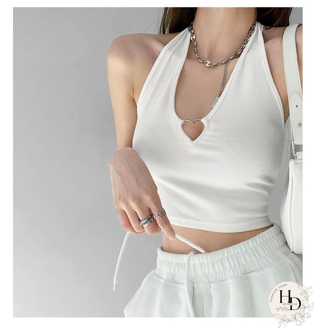 Summer Chic New Hot Girl Metal Heart Love Hollow Out Halter Sling Design Casual Outer Wear Sleeveless Navel Short Vest