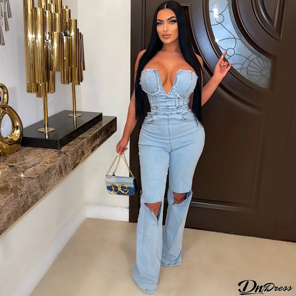 Women Sexy Sexy Backless Style Ripped Denim Jumpsuit