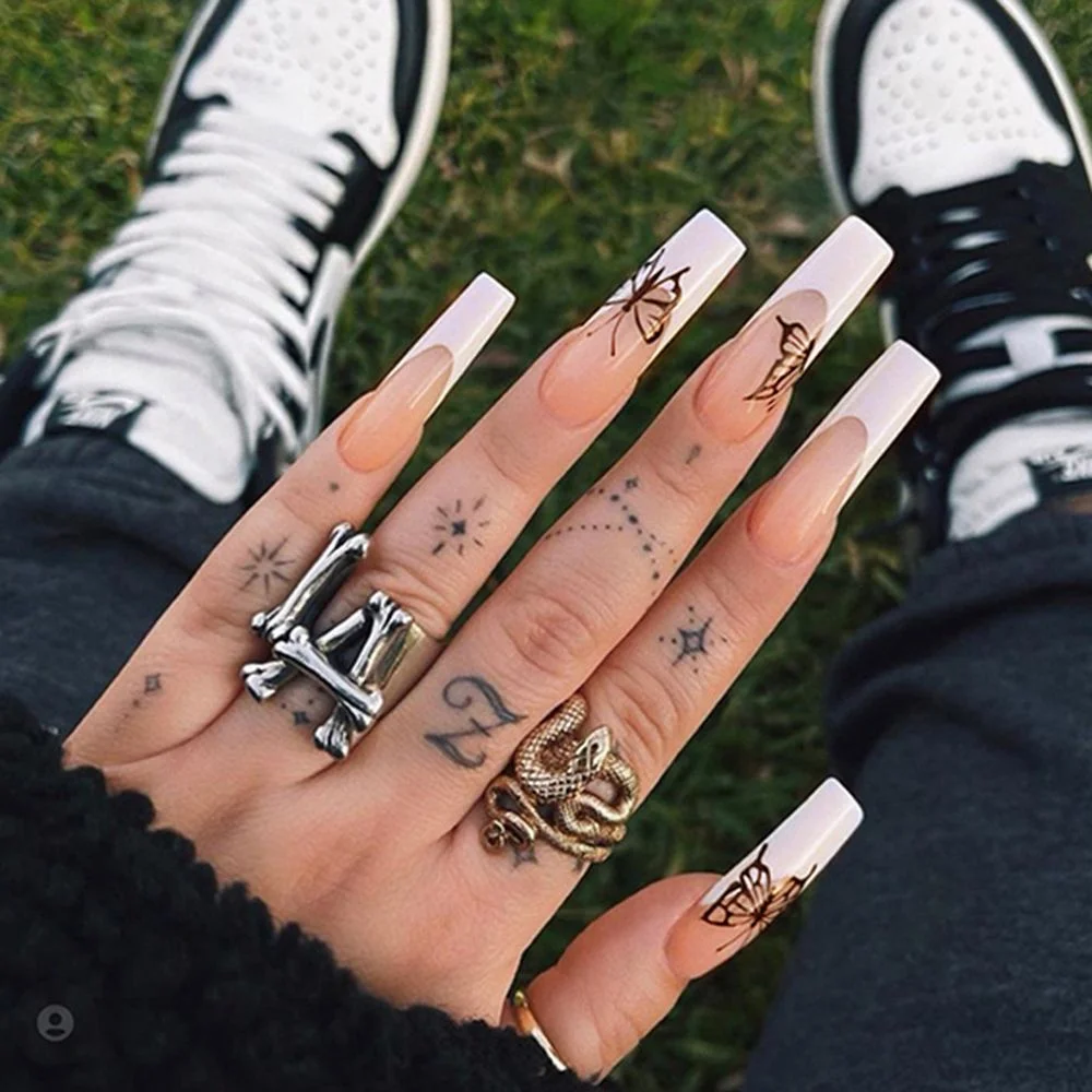 Fake nails with designs Detachable Long Coffin False Nails with glue French Ballerina Nails Full Cover Nail Tips Press On Nails-Nail Inspo
