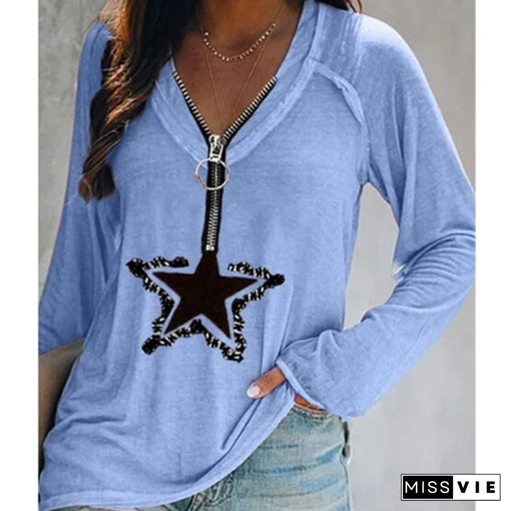 Women's T-shirt Summer Fashion Women's Five-pointed Star Printed Short Sleeve Zipper V-neck Casual T-shirt Loose Plus Size Soft and Comfortable Thin Shirt Top S-3XL