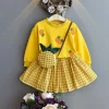 Kid Baby Girl Autumn Embroidered Long Sleeve Plaid Skirt Dress 2 Pcs Set