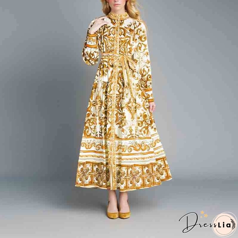 Women's Sleeve Printing Lapel Long Sleeves Large Dresses