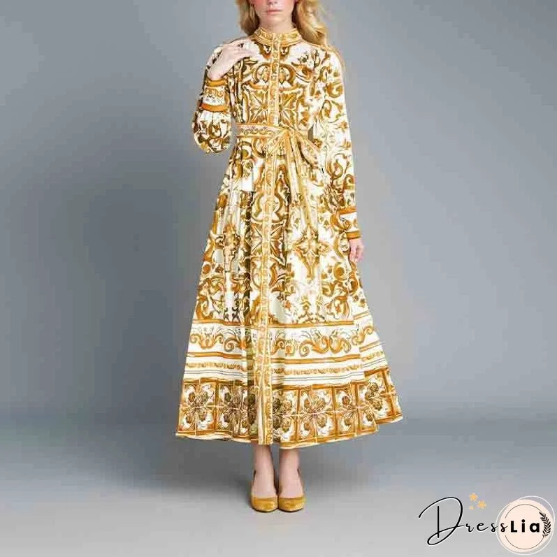 Women's Sleeve Printing Lapel Long Sleeves Large Dresses