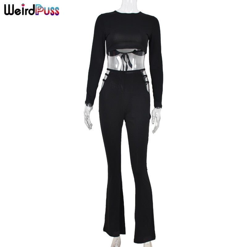 Weird Puss Two Piece Set Women Solid Skinny Stretchy Crop Top+Slit Hollow High Waist Pants Matching Chic Streetwear Slim Outfits