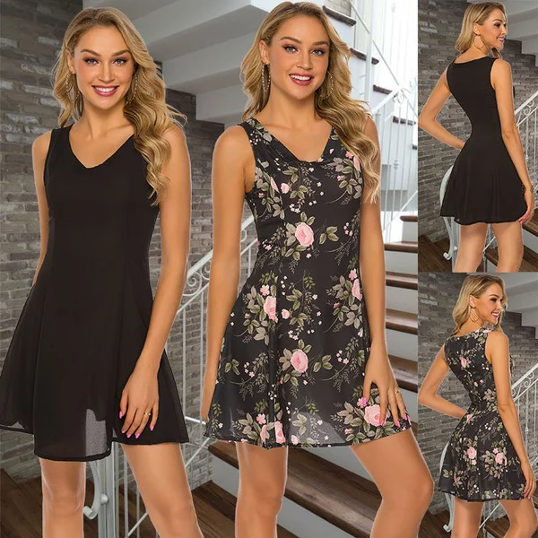 Women Summer Fashion Dress V-neck Sleeveless Dress Chiffon A-line Dress Casual Dress