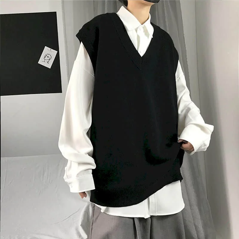 Men Sweater Vest Autumn Solid Color Knitted Male Korean Style Trend Loose V-neck Sleeveless Waistcoat Vest Sweater College Style
