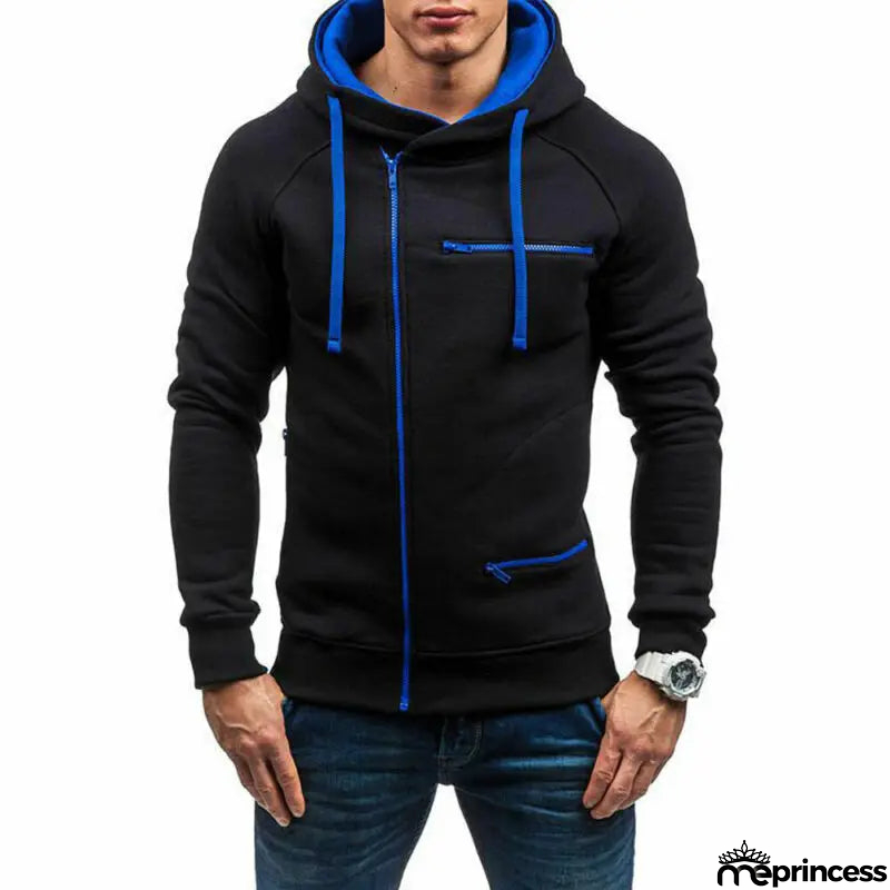 Men's Polyester Long Sleeves Zipper Closure Solid Pattern Jacket