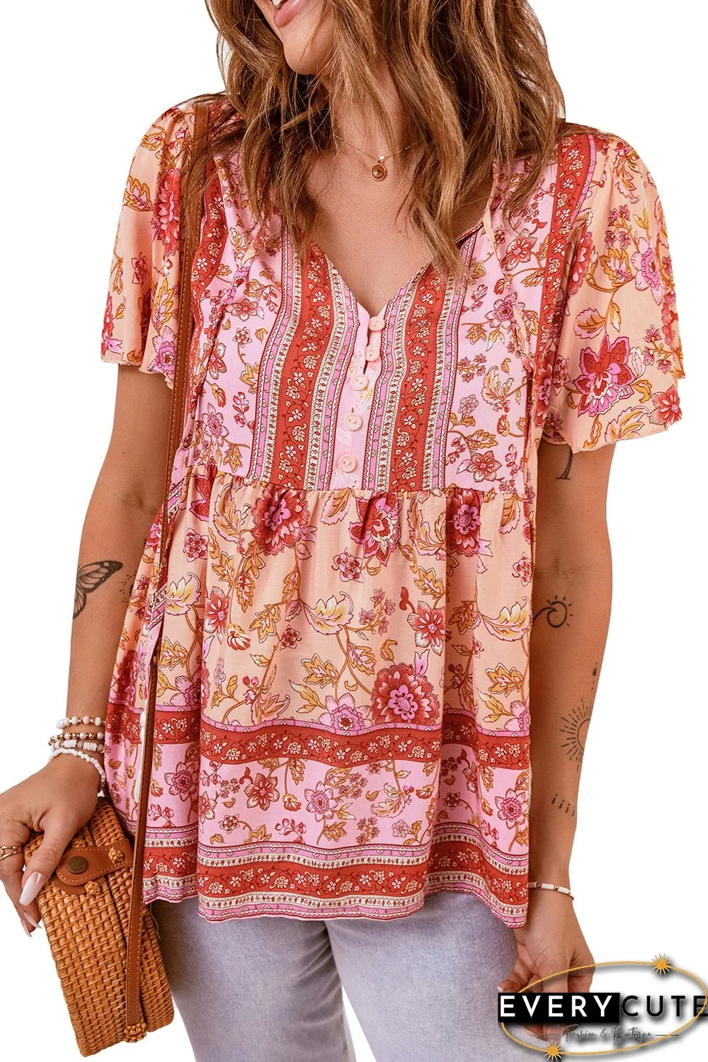 Floral Print Drawstring Buttoned V Neck Blouse