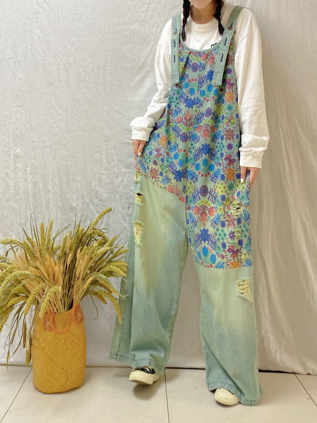 Women's Floral Printed Casual Retro Cropped Workwear Denim Overalls Jumpsuit