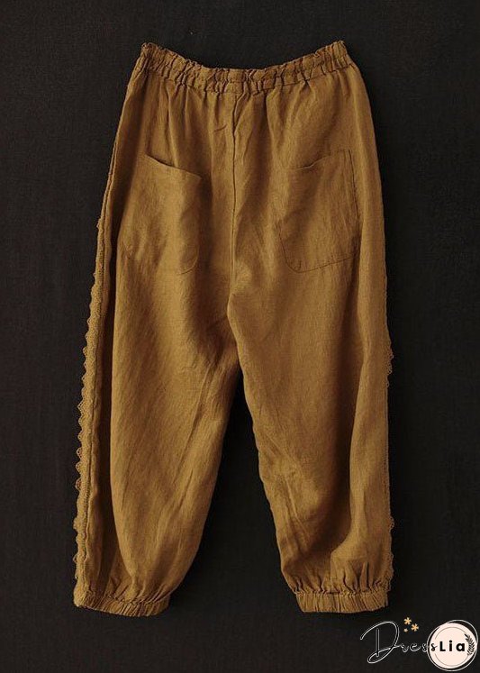 Unique Brick Red Lace Patchwork Linen Crop Pants Summer