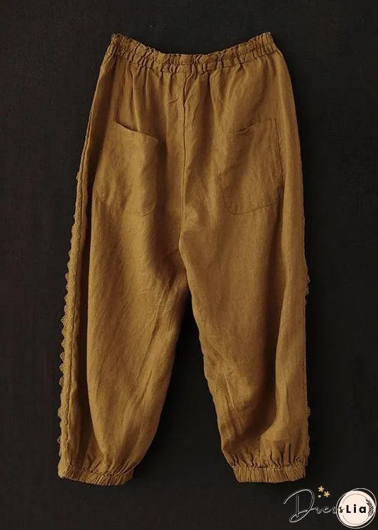 Unique Brick Red Lace Patchwork Linen Crop Pants Summer