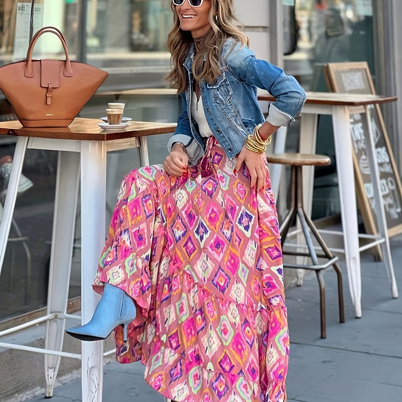 Chic High-Waisted Maxi Skirt for Summer Vacation: Flowy Ruffle Hem, Geometric Print, 100% Woven Polyester, Lettuce Trim Details, Non-Sheer, Long Length, Hand Washable