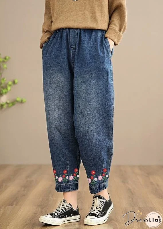 Handmade Spring Casual Pants Oversize Denim Blue-little flower Photography Elastic Waist Trousers