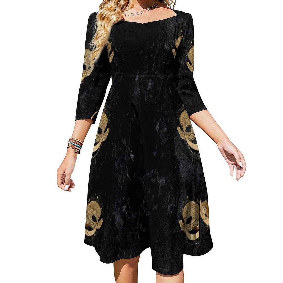 Zodiaccorn Cosmic Gold And Black Astrology Dress Sweetheart Tie Back Flared 3/4 Sleeve Midi Dresses