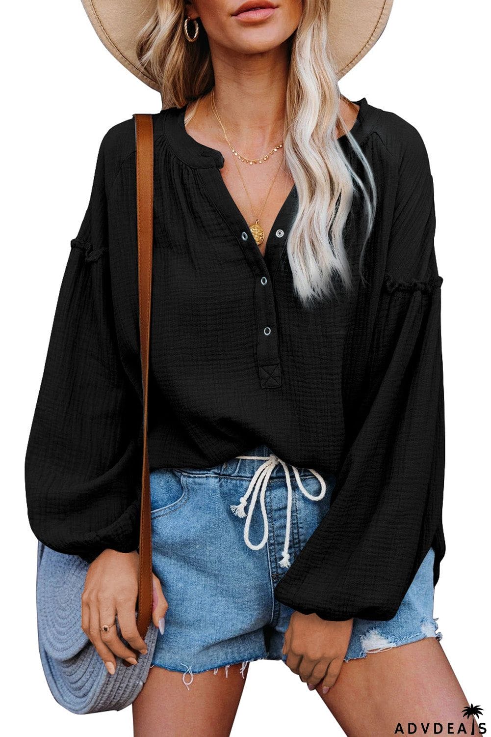 Casual Balloon Sleeve Crinkled Top
