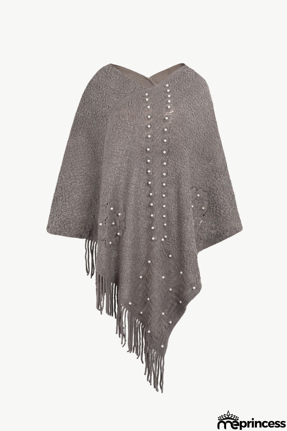 Pearl Trim Fringe Hem Poncho