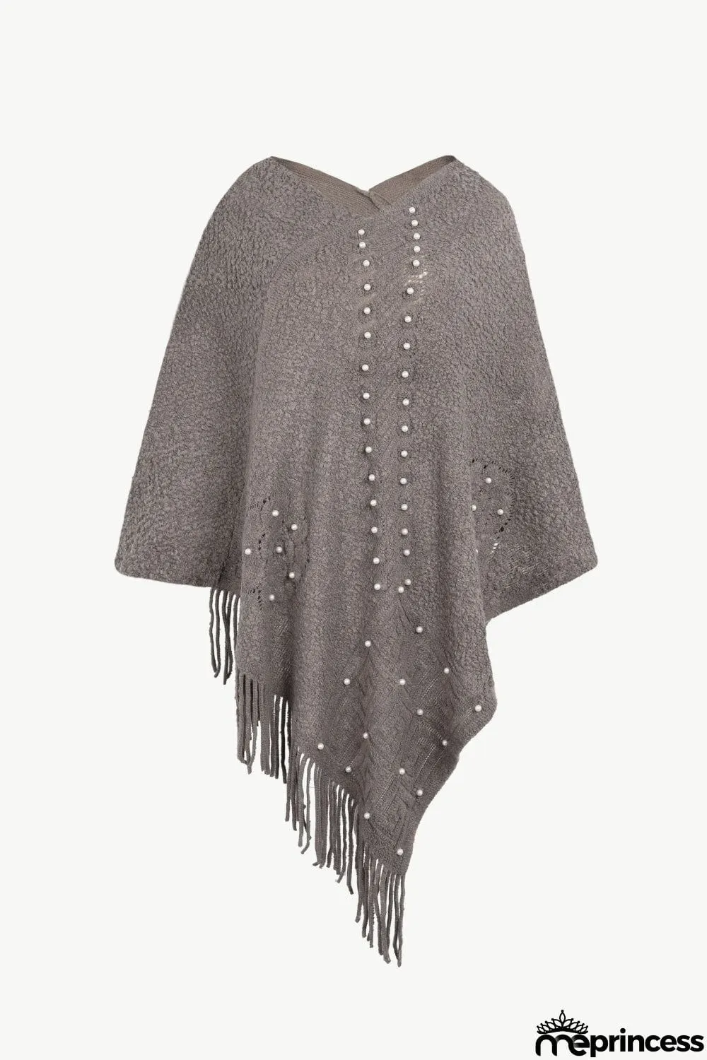Pearl Trim Fringe Hem Poncho